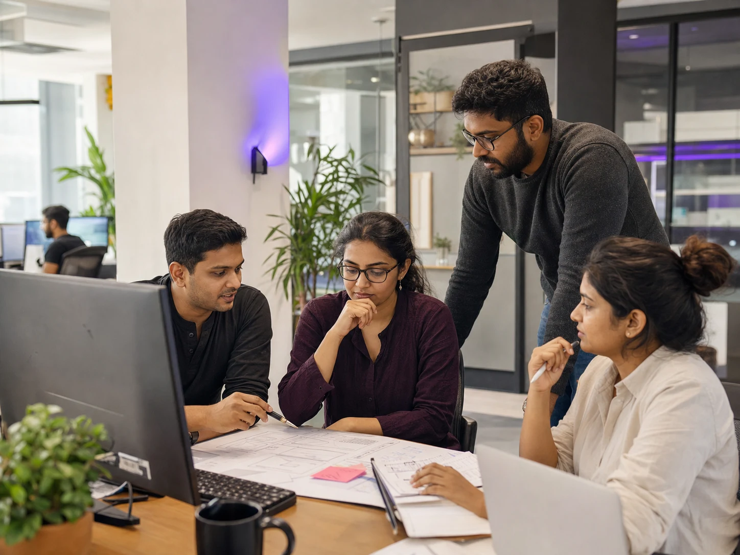 Indian product engineers collaborating in a bright studio
